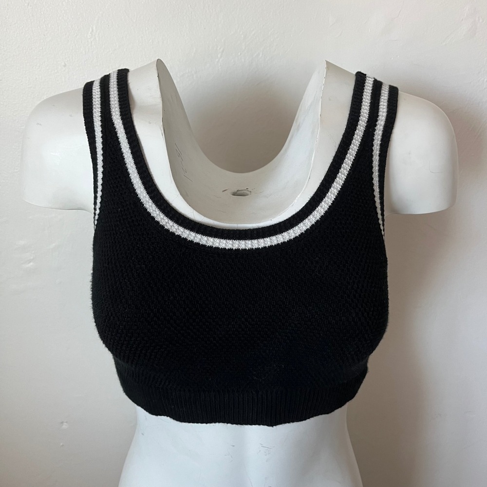 Alo Yoga Knit Crop Top Black White Striped Sleeveless Waffle Texture Womens
